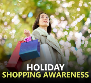 Lady with shopping bags with text saying holiday shopping awareness