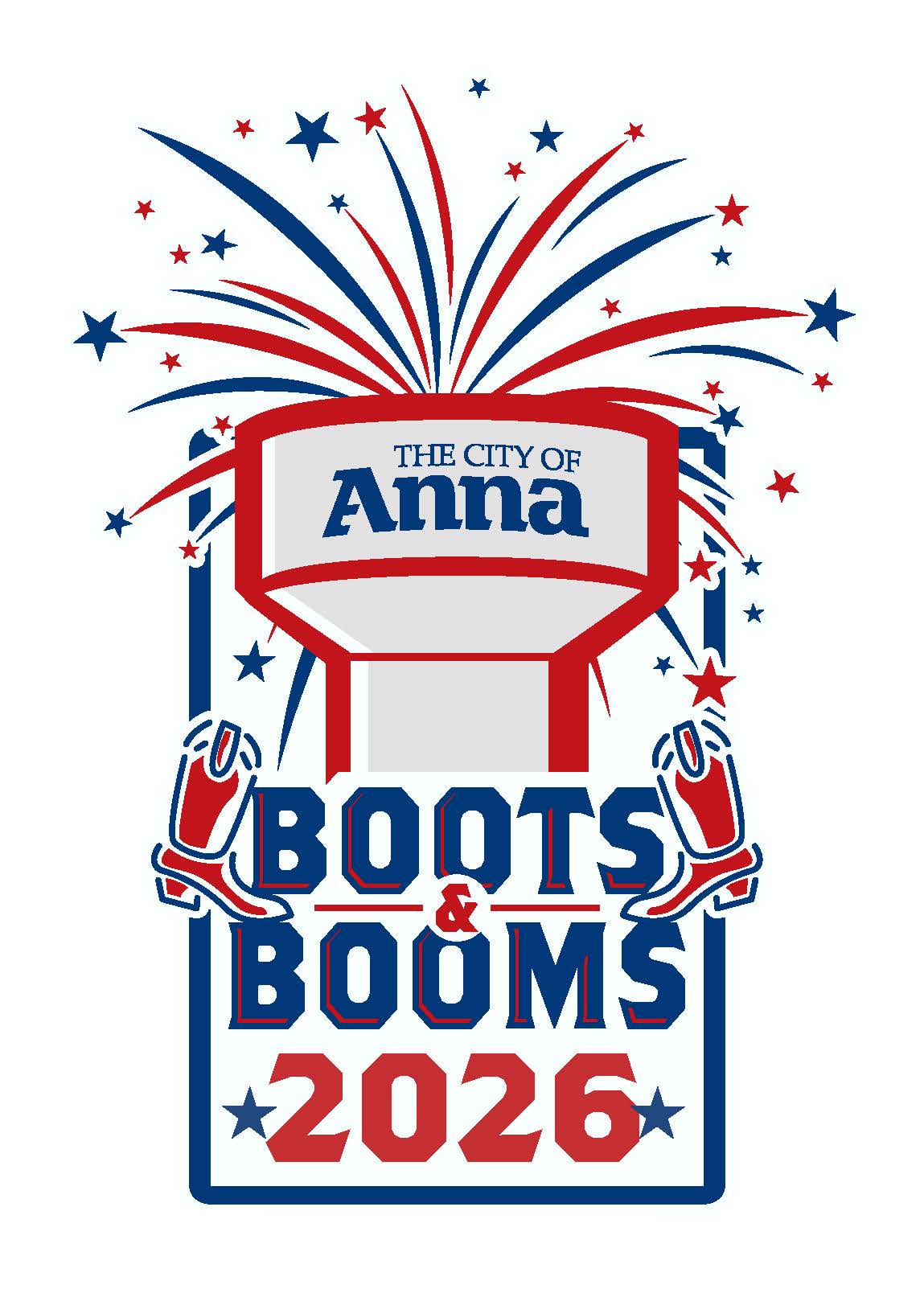water tower with fireworks Boots and Booms 2026 logo