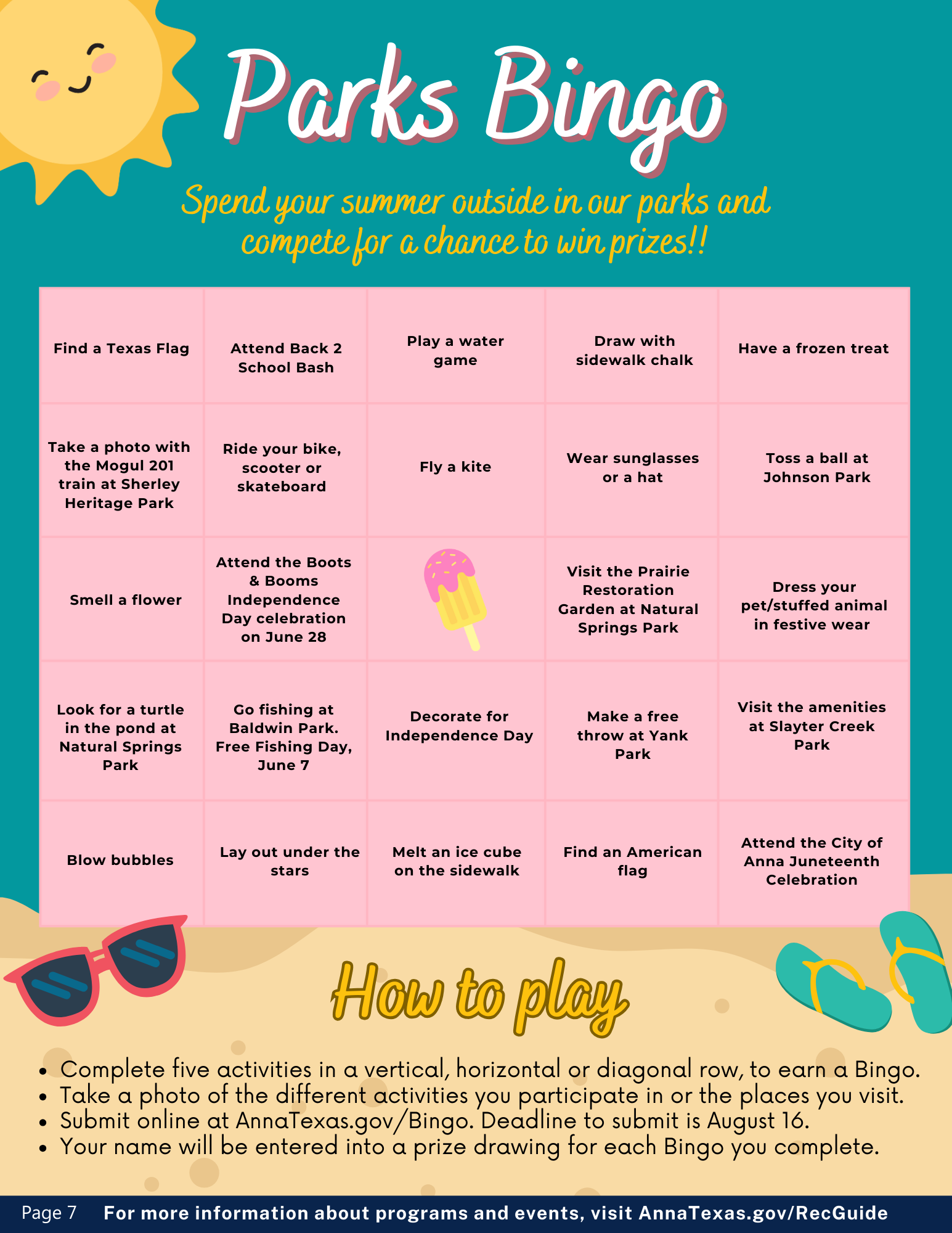 Colorful Parks Bingo graphic encouraging outdoor activities in local parks with a bingo card